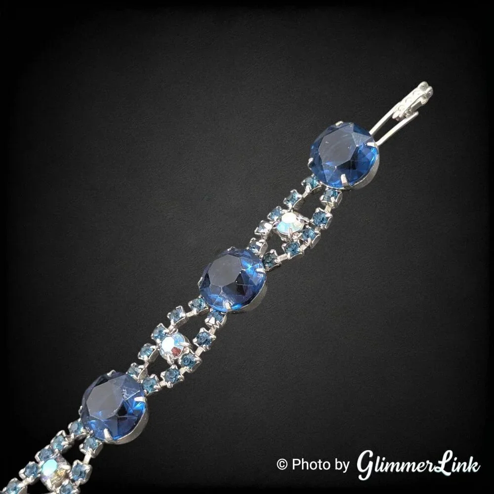 Vintage Blue Glass AB Rhinestone Prong Set Scalloped Silver Tone Bracelet